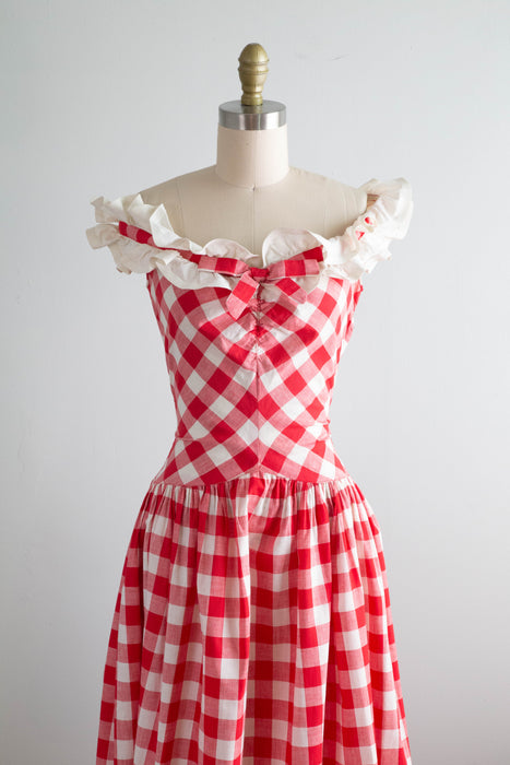 Splendid 1930's Red and White Cotton Gingham Summer Party Dress / Sm