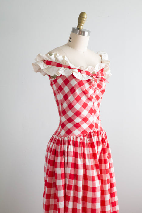 Splendid 1930's Red and White Cotton Gingham Summer Party Dress / Sm