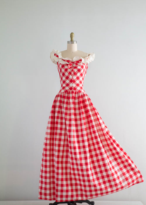 Splendid 1930's Red and White Cotton Gingham Summer Party Dress / Sm