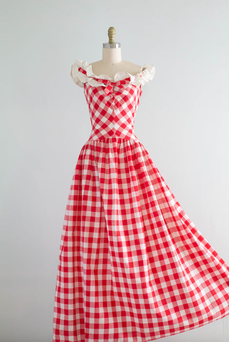 Splendid 1930's Red and White Cotton Gingham Summer Party Dress / Sm