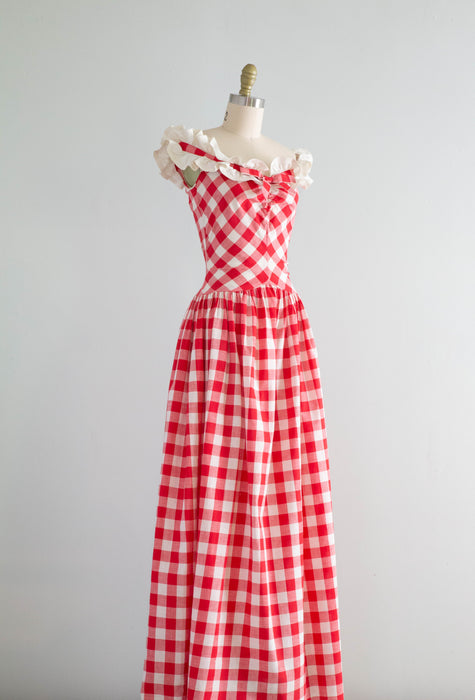 Splendid 1930's Red and White Cotton Gingham Summer Party Dress / Sm