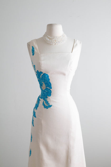 Glamorous 1960's Linen Wiggle Dress With Floral Silk Applique / Medium