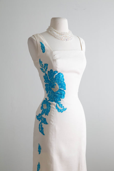 Glamorous 1960's Linen Wiggle Dress With Floral Silk Applique / Medium