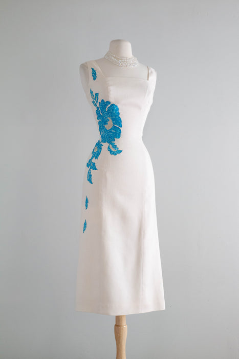 Glamorous 1960's Linen Wiggle Dress With Floral Silk Applique / Medium