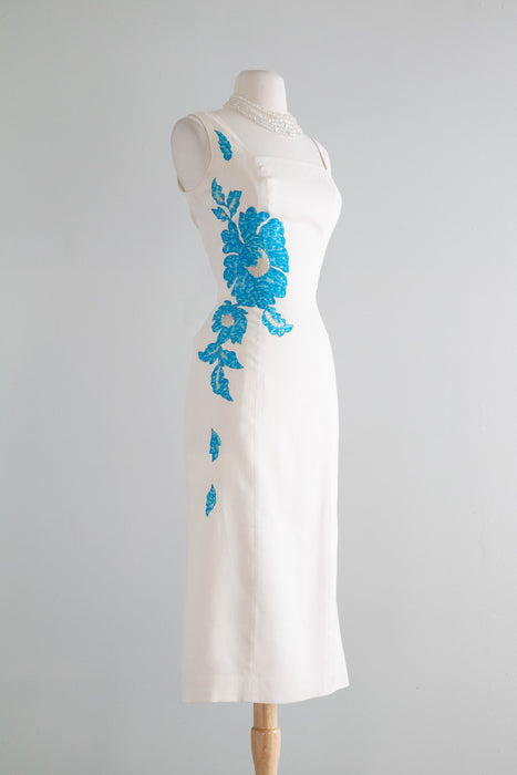 Glamorous 1960's Linen Wiggle Dress With Floral Silk Applique / Medium