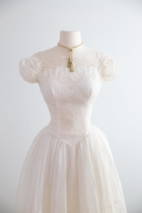 Beautiful 1950's Cotton Eyelet Tea Length Wedding Dress With Scalloped Hem / XS