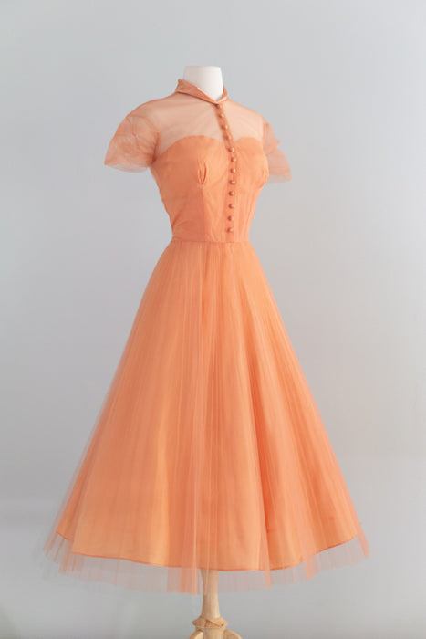 Gorgeous 1950's Pleated Party Dress in Cantaloupe Tulle / M