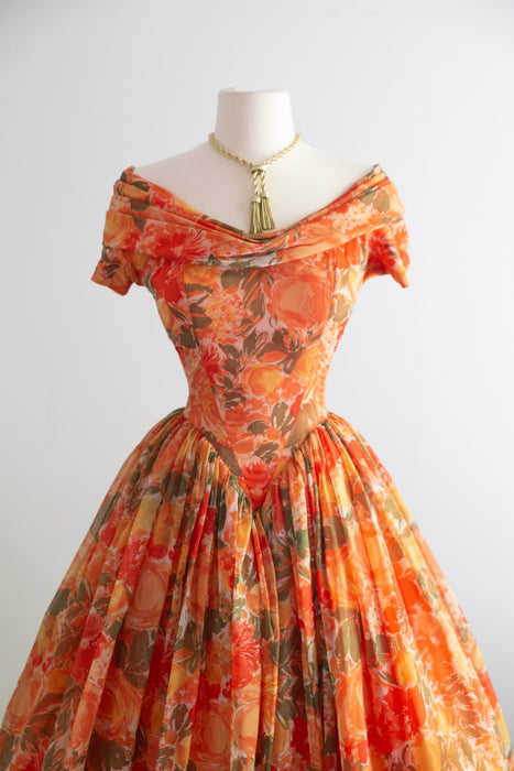 Ravishing! 1950's Gigi Young Floral Chiffon Party Dress With Basque Waist / Small