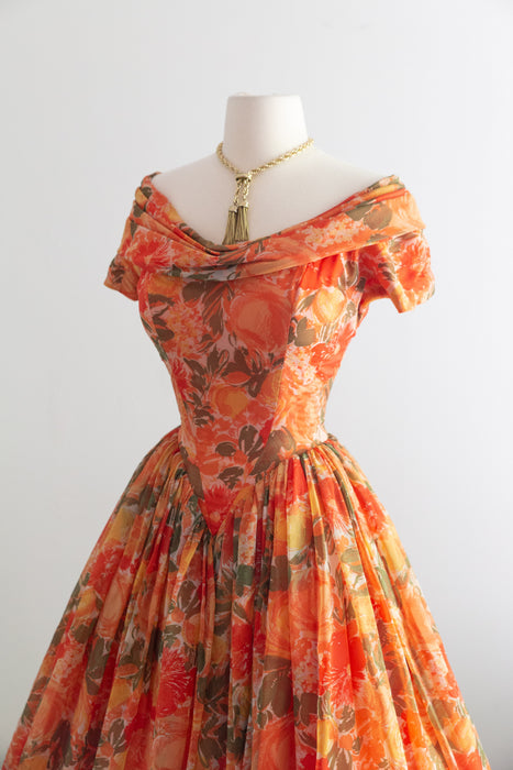Ravishing! 1950's Gigi Young Floral Chiffon Party Dress With Basque Waist / Small