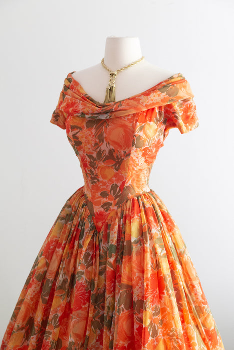 Ravishing! 1950's Gigi Young Floral Chiffon Party Dress With Basque Waist / Small