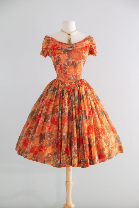 Ravishing! 1950's Gigi Young Floral Chiffon Party Dress With Basque Waist / Small