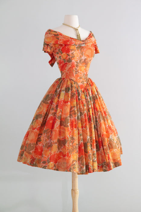 Ravishing! 1950's Gigi Young Floral Chiffon Party Dress With Basque Waist / Small
