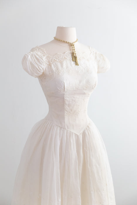 Beautiful 1950's Cotton Eyelet Tea Length Wedding Dress With Scalloped Hem / XS