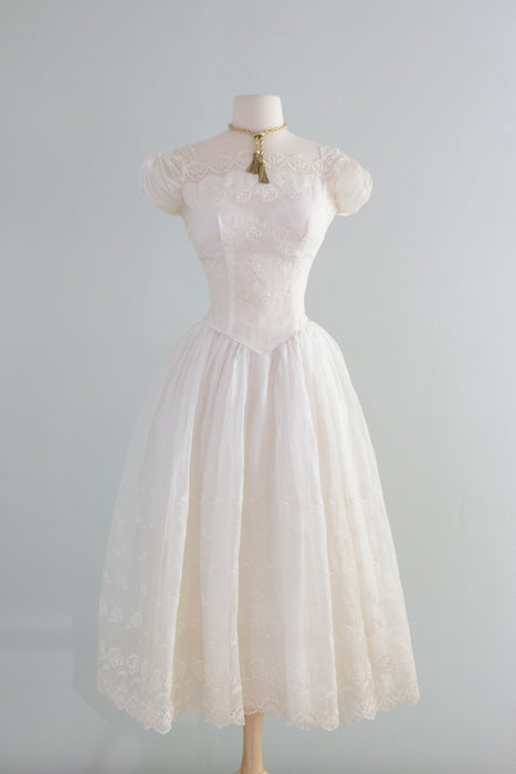 Beautiful 1950's Cotton Eyelet Tea Length Wedding Dress With Scalloped Hem / XS