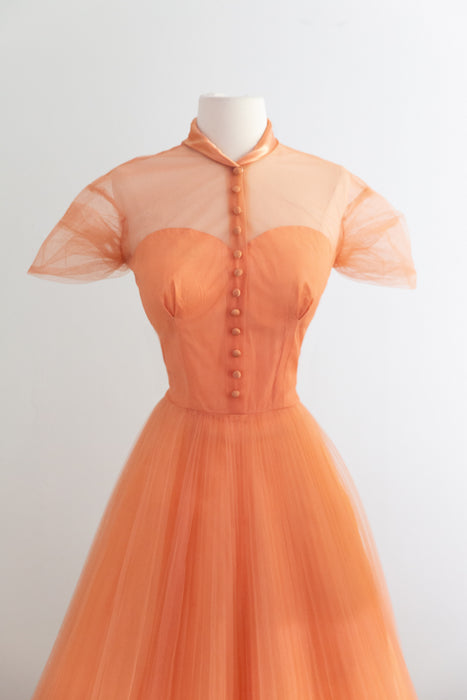 Gorgeous 1950's Pleated Party Dress in Cantaloupe Tulle / M