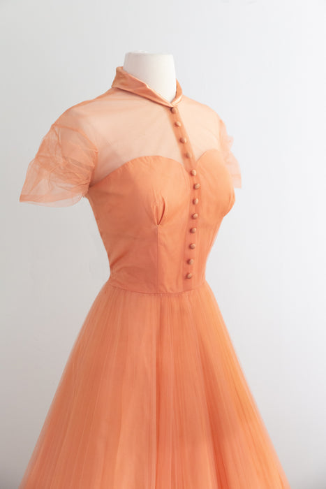 Gorgeous 1950's Pleated Party Dress in Cantaloupe Tulle / M