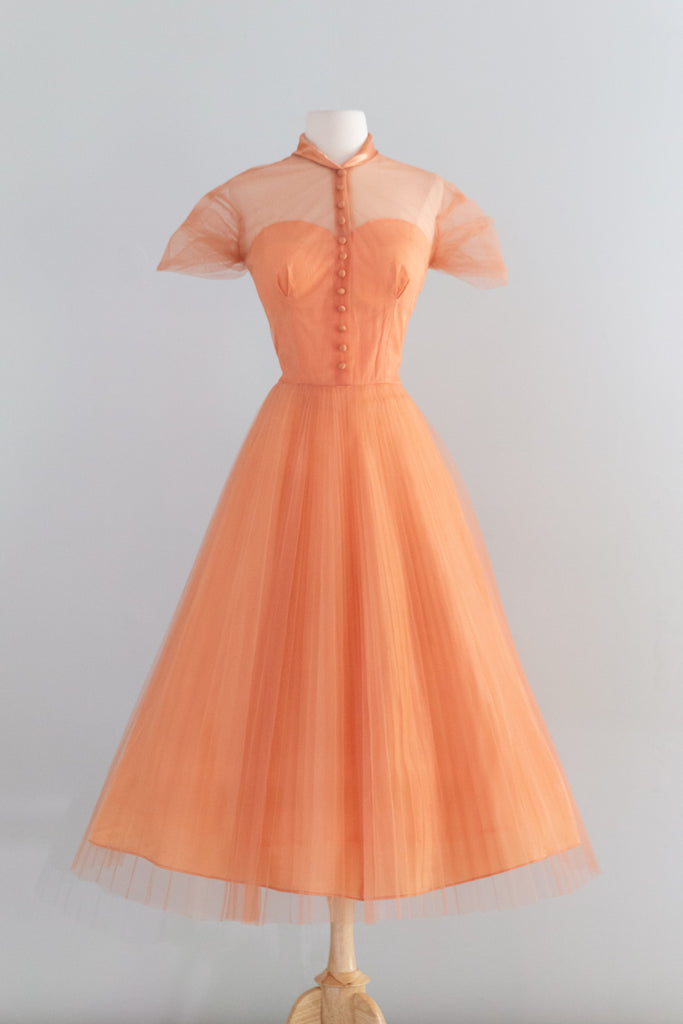 vintage tulle dress Gorgeous 1950's Pleated Party Dress in Cantaloupe Tulle / M – Xtabay Vintage