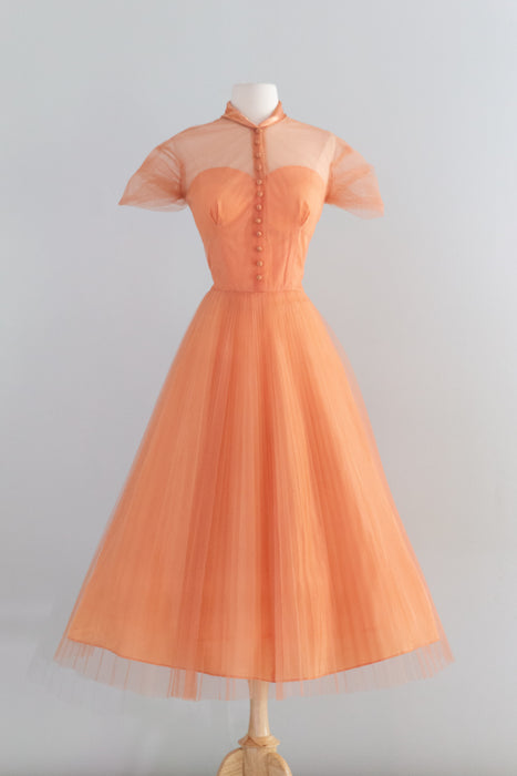 Gorgeous 1950's Pleated Party Dress in Cantaloupe Tulle / M