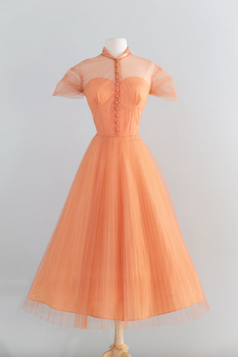 Gorgeous 1950's Pleated Party Dress in Cantaloupe Tulle / M