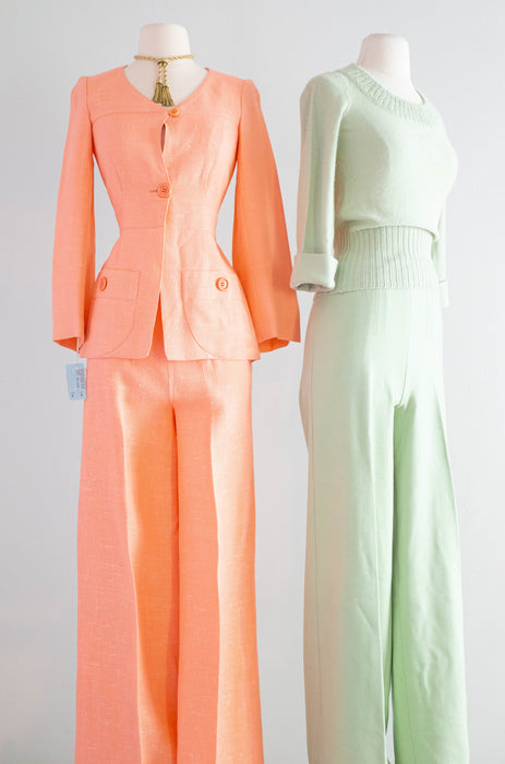 Fabulous 1970's Matcha Green/Cerulean Blue Pant and Sweater Set by Sonia Rykiel / Small