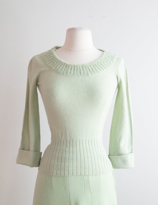 Fabulous 1970's Matcha Green/Cerulean Blue Pant and Sweater Set by Sonia Rykiel / Small