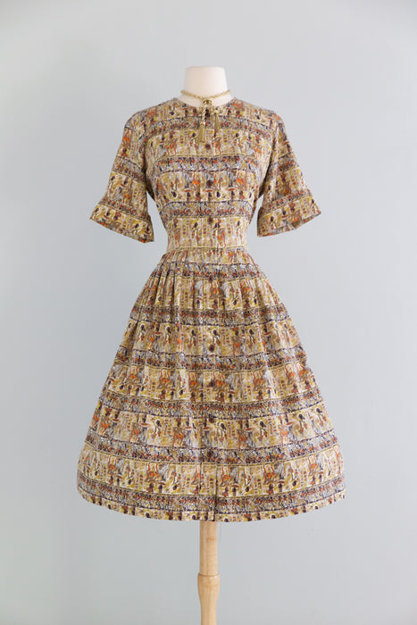 Charming 1950's Egyptian Hieroglyphic Print Cotton Shirtwaist Dress / M