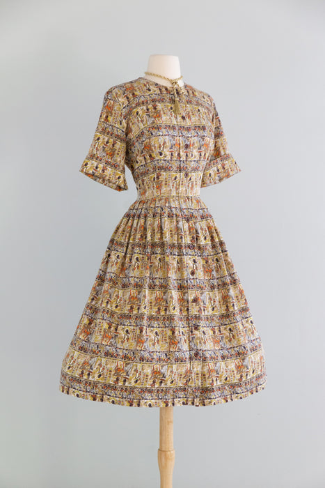 Charming 1950's Egyptian Hieroglyphic Print Cotton Shirtwaist Dress / M