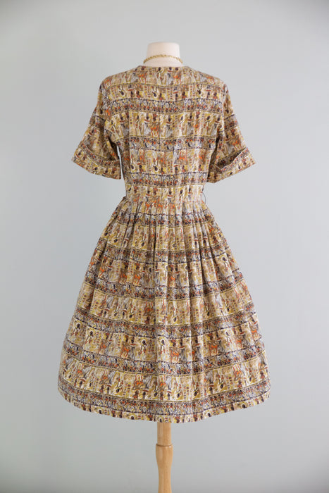 Charming 1950's Egyptian Hieroglyphic Print Cotton Shirtwaist Dress / M