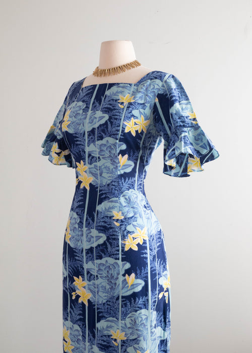 Stunning 1940's Hawaiian Mermaid Cotton Wiggle Dress / Medium