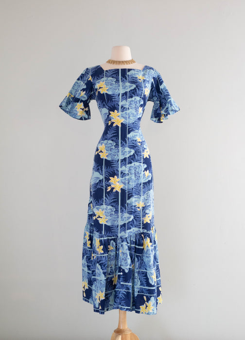 hawaiian mermaid dress Vintage 1960's Blue Hawaiian Mermaid Gown by Paradise / ML Xtabay Vintage