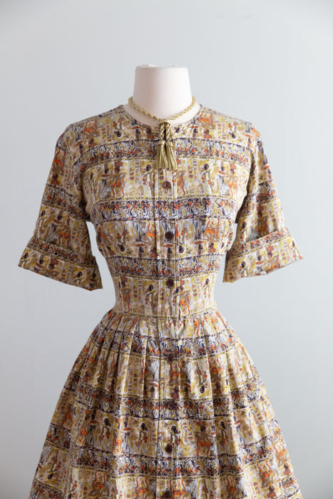 Charming 1950's Egyptian Hieroglyphic Print Cotton Shirtwaist Dress / M