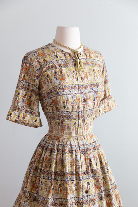 Charming 1950's Egyptian Hieroglyphic Print Cotton Shirtwaist Dress / M