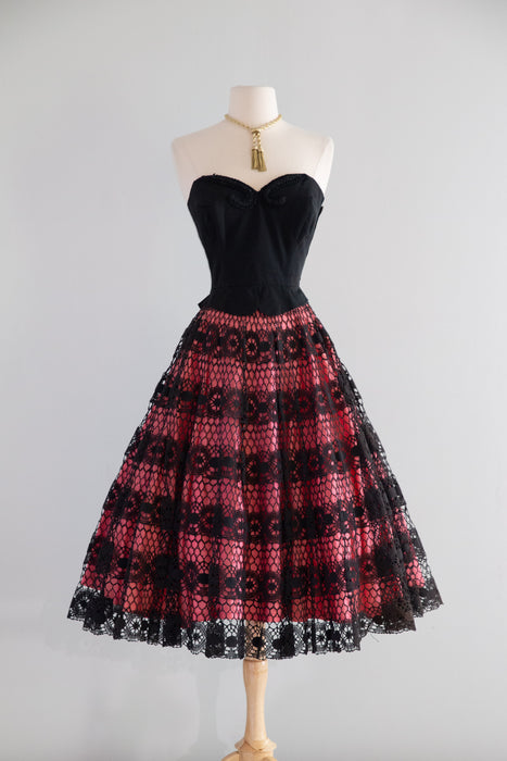 Fabulous 1950's Jo Collins Pink and Black Crochet Lace Circle Skirt / XS