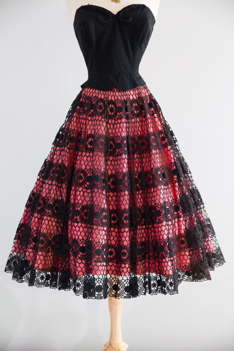 Fabulous 1950's Jo Collins Pink and Black Crochet Lace Circle Skirt / XS