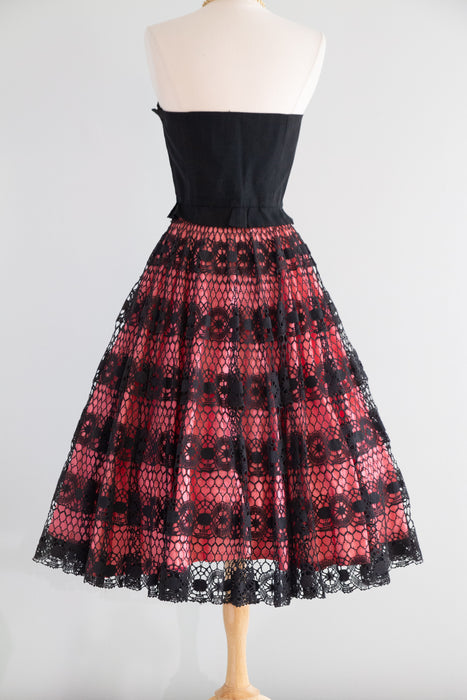 Fabulous 1950's Jo Collins Pink and Black Crochet Lace Circle Skirt / XS