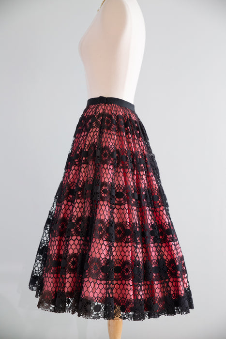 Fabulous 1950's Jo Collins Pink and Black Crochet Lace Circle Skirt / XS