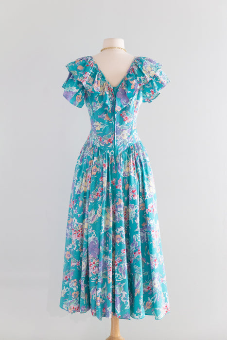 Ethereal 1980's Laura Ashley Cotton Floral Print Dress With Pockets / M