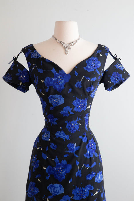 Gorgeous 1950's Midnight Garden Floral Cocktail Dress With Rhinestones and Suspended Sleeves / Med.