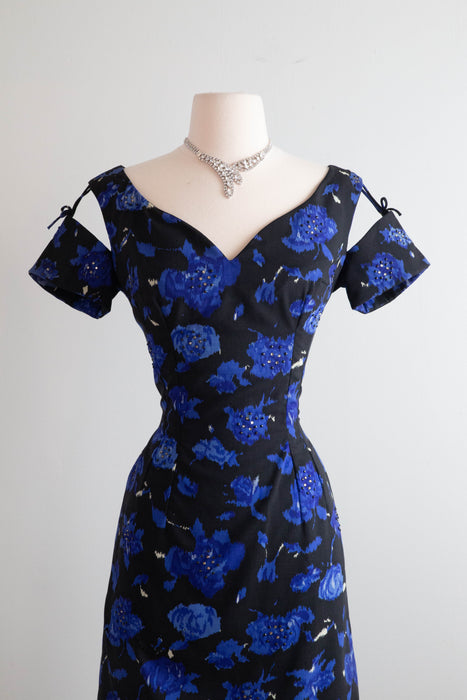 Gorgeous 1950's Midnight Garden Floral Cocktail Dress With Rhinestones and Suspended Sleeves / Med.