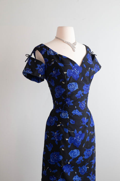 Gorgeous 1950's Midnight Garden Floral Cocktail Dress With Rhinestones and Suspended Sleeves / Med.