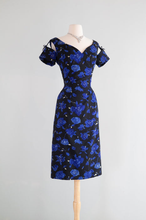 Gorgeous 1950's Midnight Garden Floral Cocktail Dress With Rhinestones and Suspended Sleeves / Med.