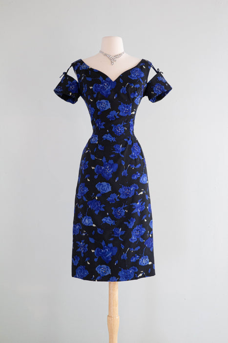 Gorgeous 1950's Midnight Garden Floral Cocktail Dress With Rhinestones and Suspended Sleeves / Med.