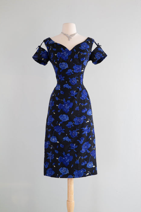 Gorgeous 1950's Midnight Garden Floral Cocktail Dress With Rhinestones and Suspended Sleeves / Med.