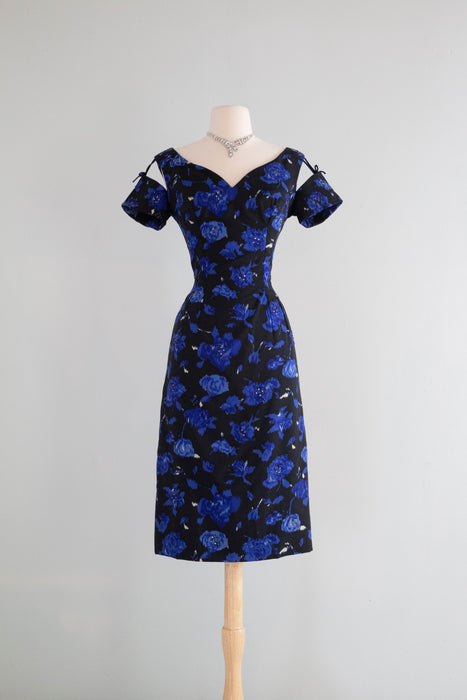 Gorgeous 1950's Midnight Garden Floral Cocktail Dress With Rhinestones and Suspended Sleeves / Med.