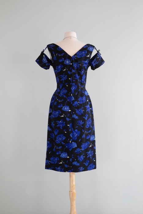 Gorgeous 1950's Midnight Garden Floral Cocktail Dress With Rhinestones and Suspended Sleeves / Med.