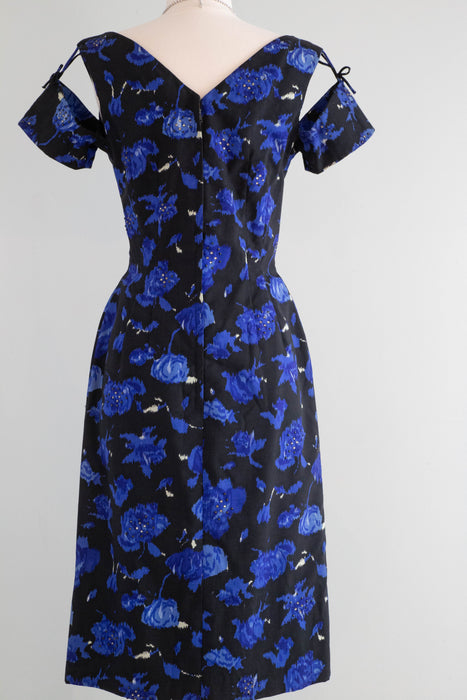 Gorgeous 1950's Midnight Garden Floral Cocktail Dress With Rhinestones and Suspended Sleeves / Med.