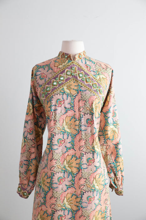 Iconic 1970's Block Print Kaftan Made In Pakistan For I.Magnin With Pockets / M