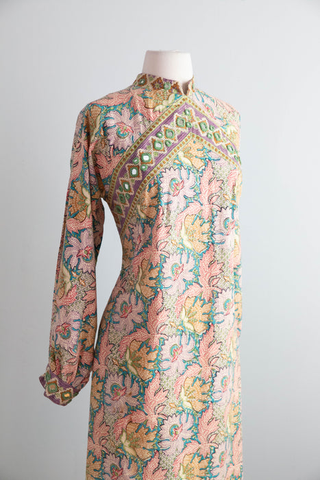 Iconic 1970's Block Print Kaftan Made In Pakistan For I.Magnin With Pockets / M