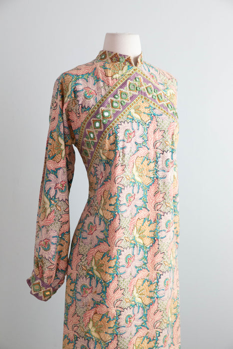 Iconic 1970's Block Print Kaftan Made In Pakistan For I.Magnin With Pockets / M