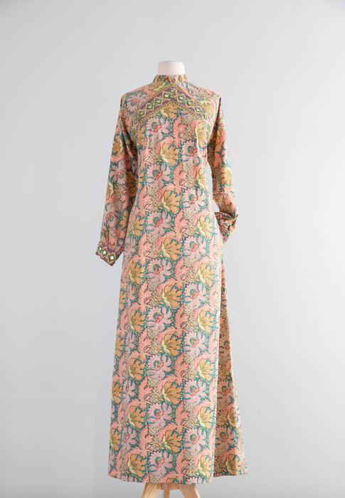 Iconic 1970's Block Print Kaftan Made In Pakistan For I.Magnin With Pockets / M